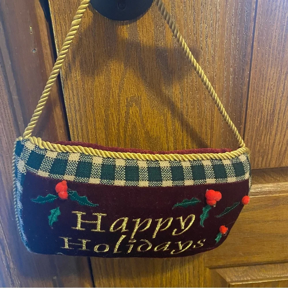 Holiday Happy Holidays velvet door knob hanger pillow gold color cord 11x6.5”